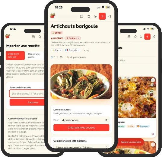 Picook sur trois écrans de téléphone : l’import d’une recette, une fiche recette avec sa liste de courses, et le répertoire.